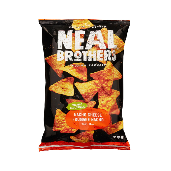 255 gram orange and black bag of Neal Brothers Nacho Cheese Tortilla