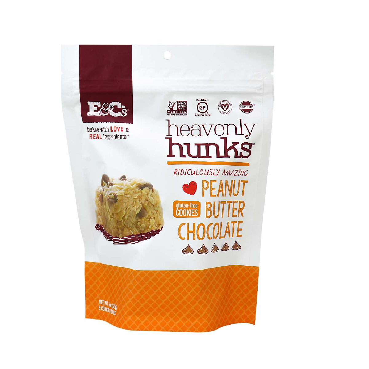 White and orange 200 gram package of Peanut Butter flavoured Heavenly Hunks.