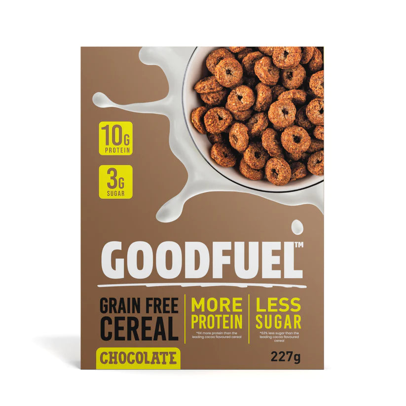 227 gram box of Goodfuel Chocolate Cereal.