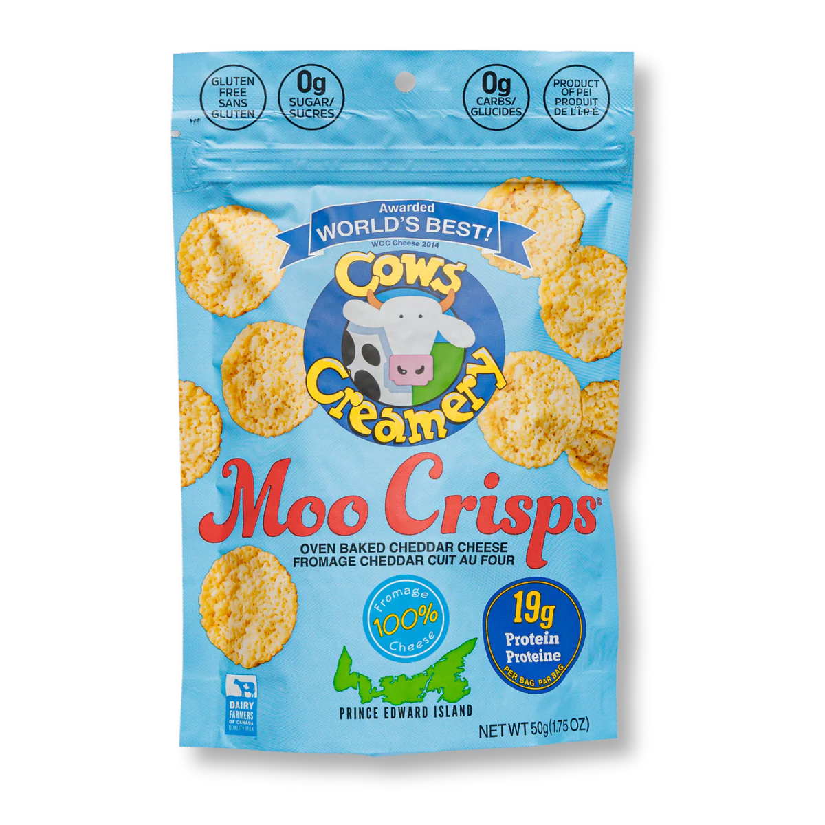 Cows Creamery moo crisps. From PEI, featuring 19g of protein per bag . Bag weighs 50g and features the cows logo and blue packaging.