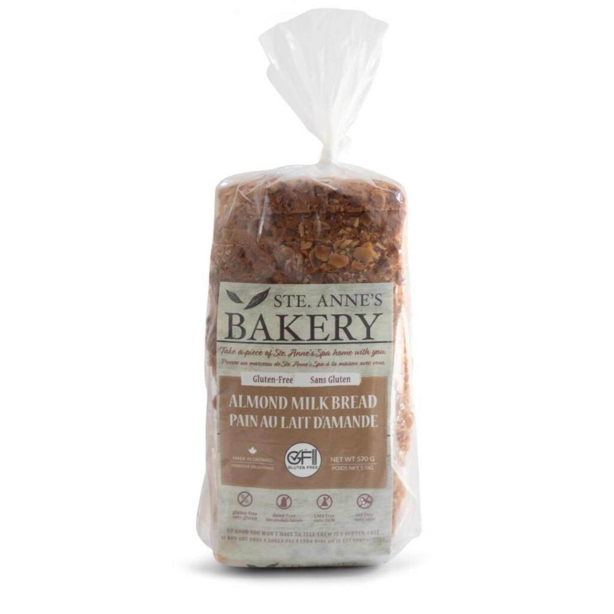 Ste Anne's almond milk bread loaf in bread plastic sleeve. 