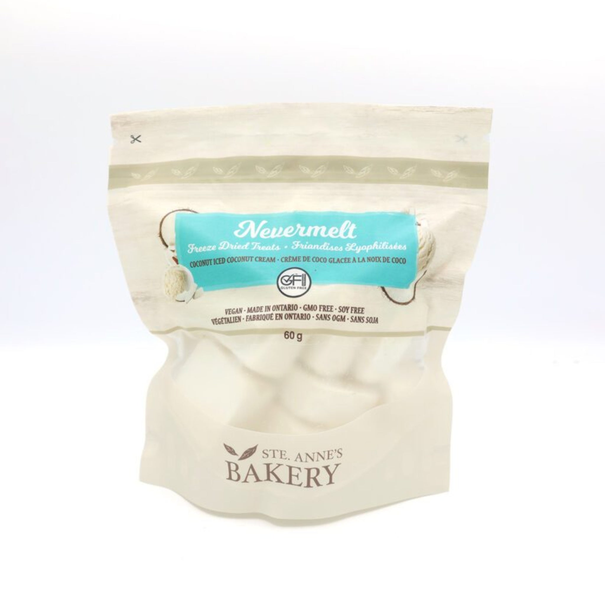 Ste Anne's coconut nevermelts in resealable plastic packaging, 60 grams. 
