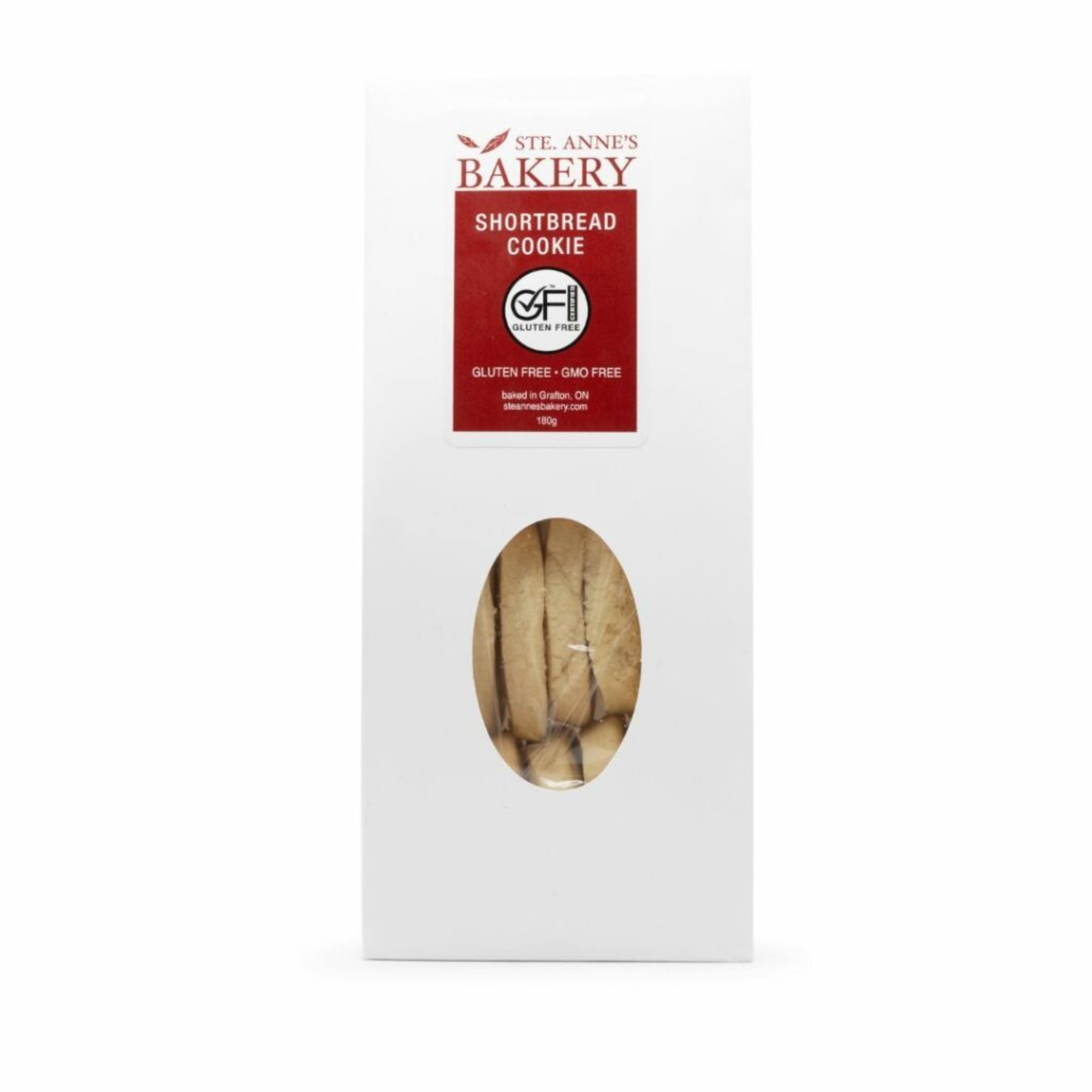 Ste Anne's shortbread cookies in white and red packaging, 180 grams. 
