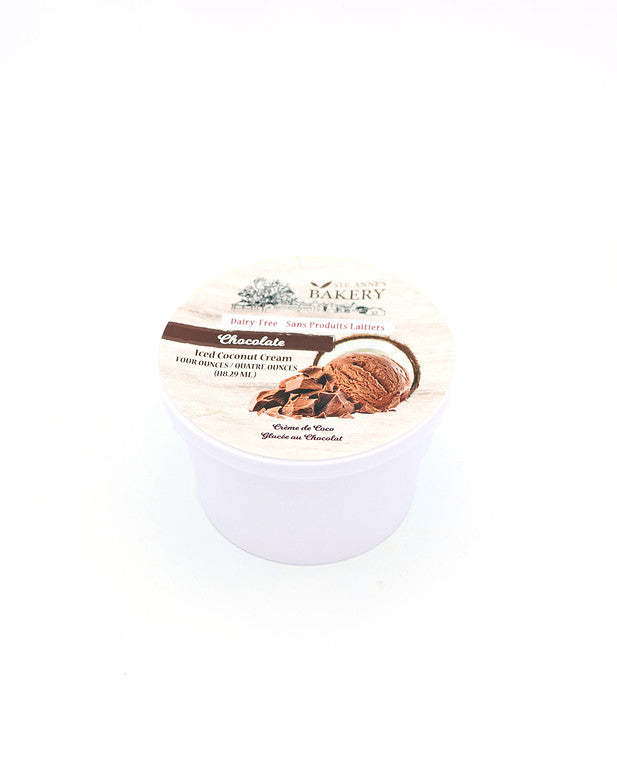 Ste Anne's Single Serve Iced Chocolate Coconut Sorbet in styrofoam while container. 
