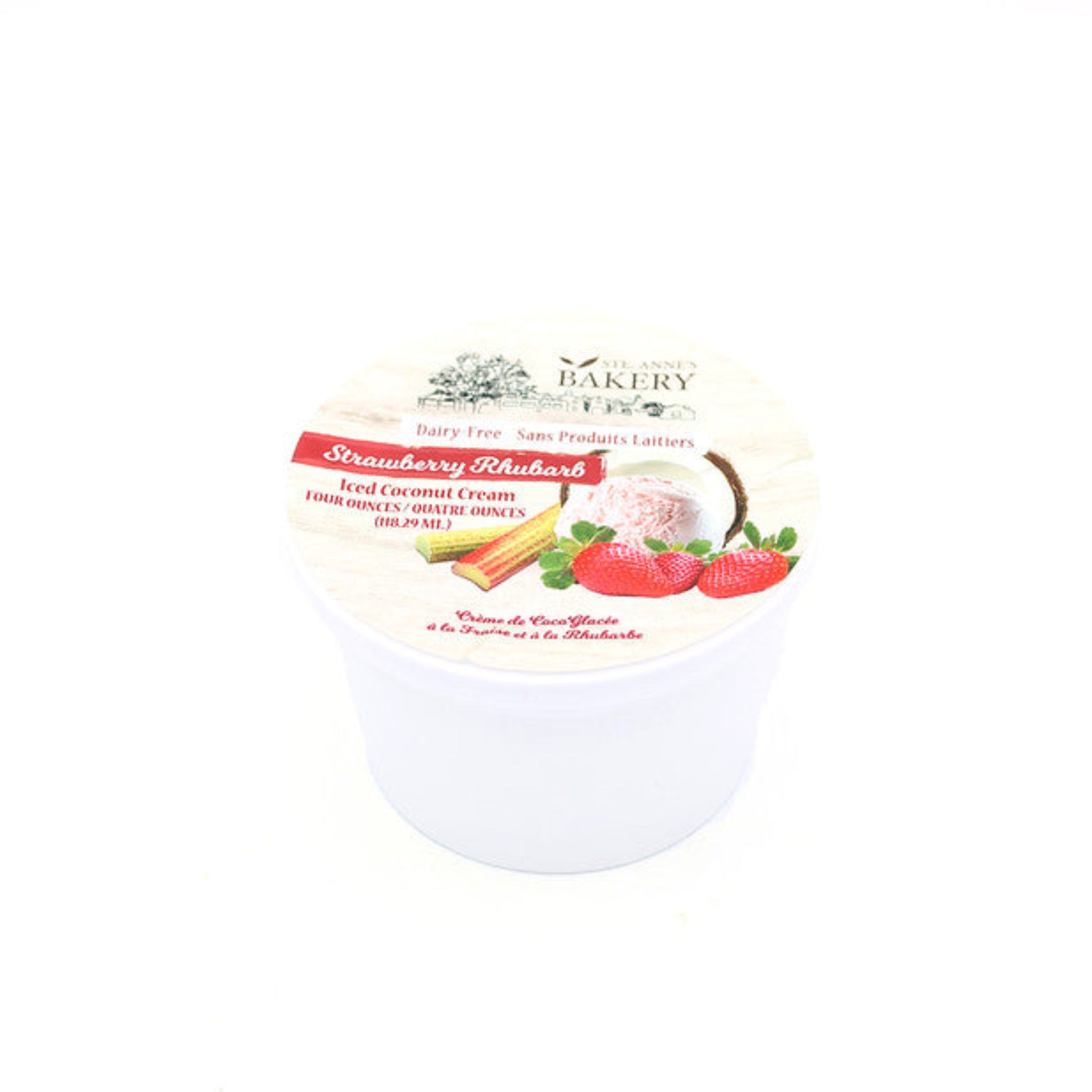 Ste Anne's Single Serve Iced Strawberry Rhubarb Sorbet in styrofoam white container. 