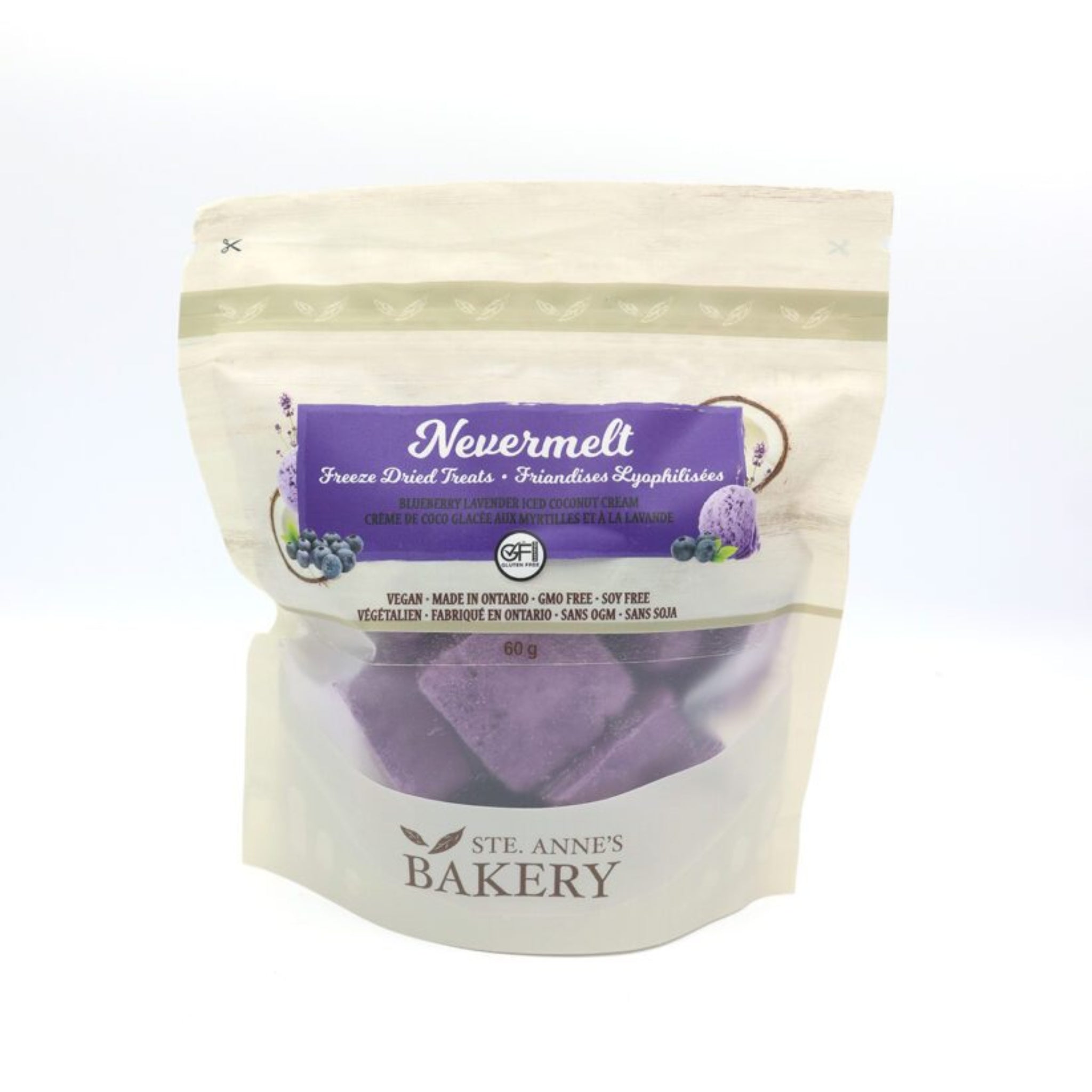 Ste Anne's Blueberry lavender nevermelts in resealable plastic packaging, 60 grams. 