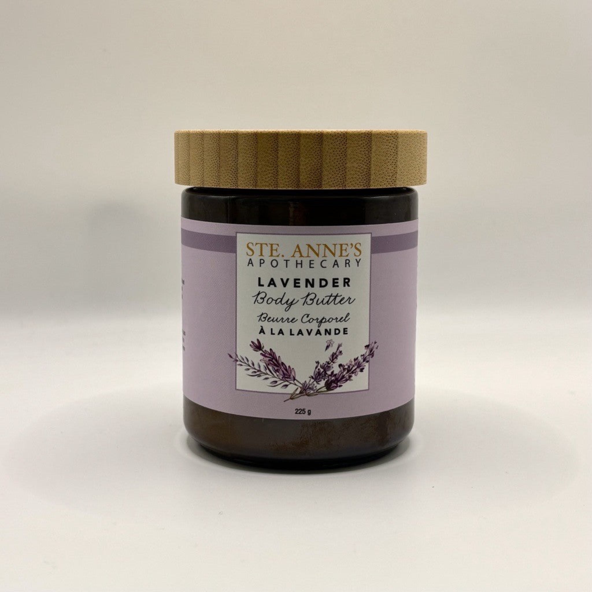 Ste Anne's lavender body butter in a glass jar with a wood lid. 225 grams. 