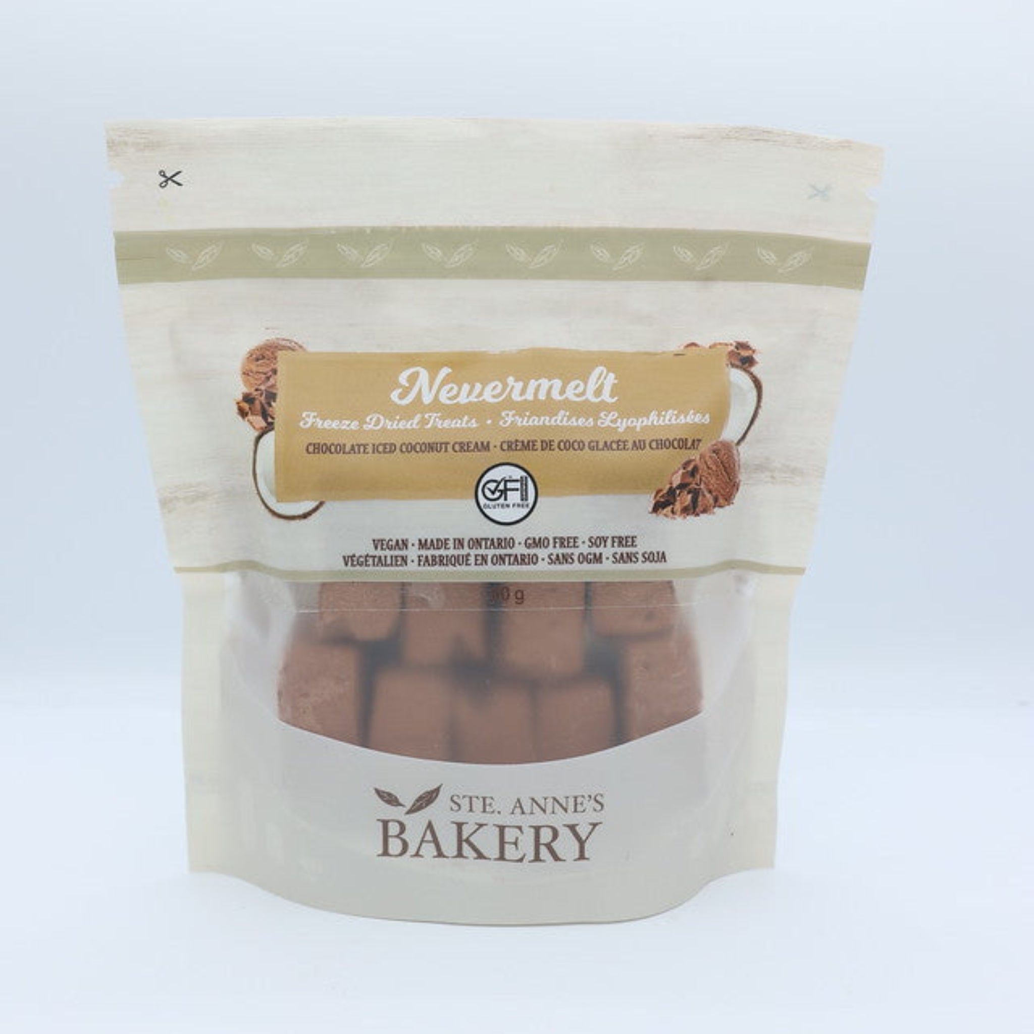 Ste Anne's chocolate nevermelts in resealable plastic packaging, 60 grams. 