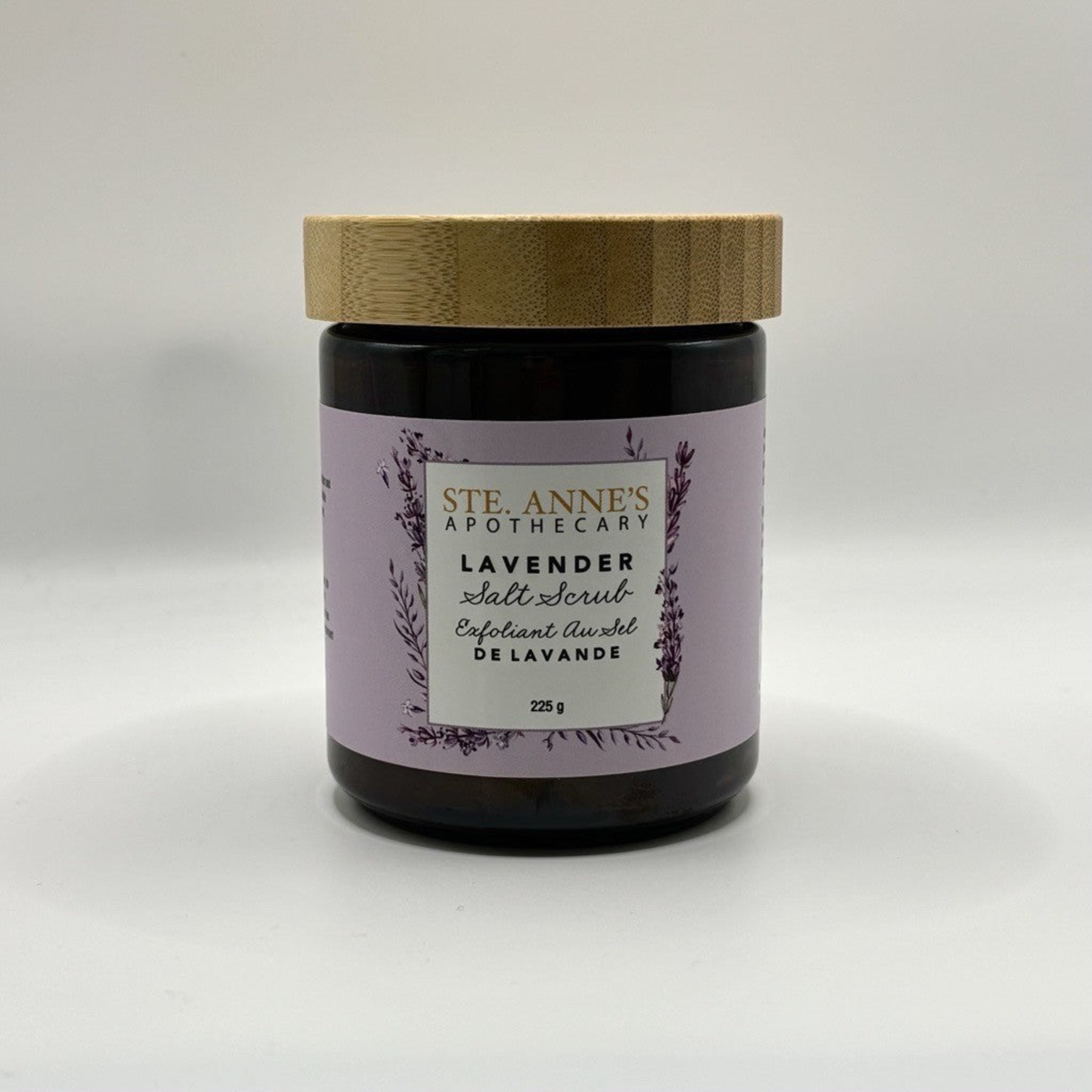 Ste Anne's Lavender Salt scrub in glassjar with wood lid. 225 grams. 
