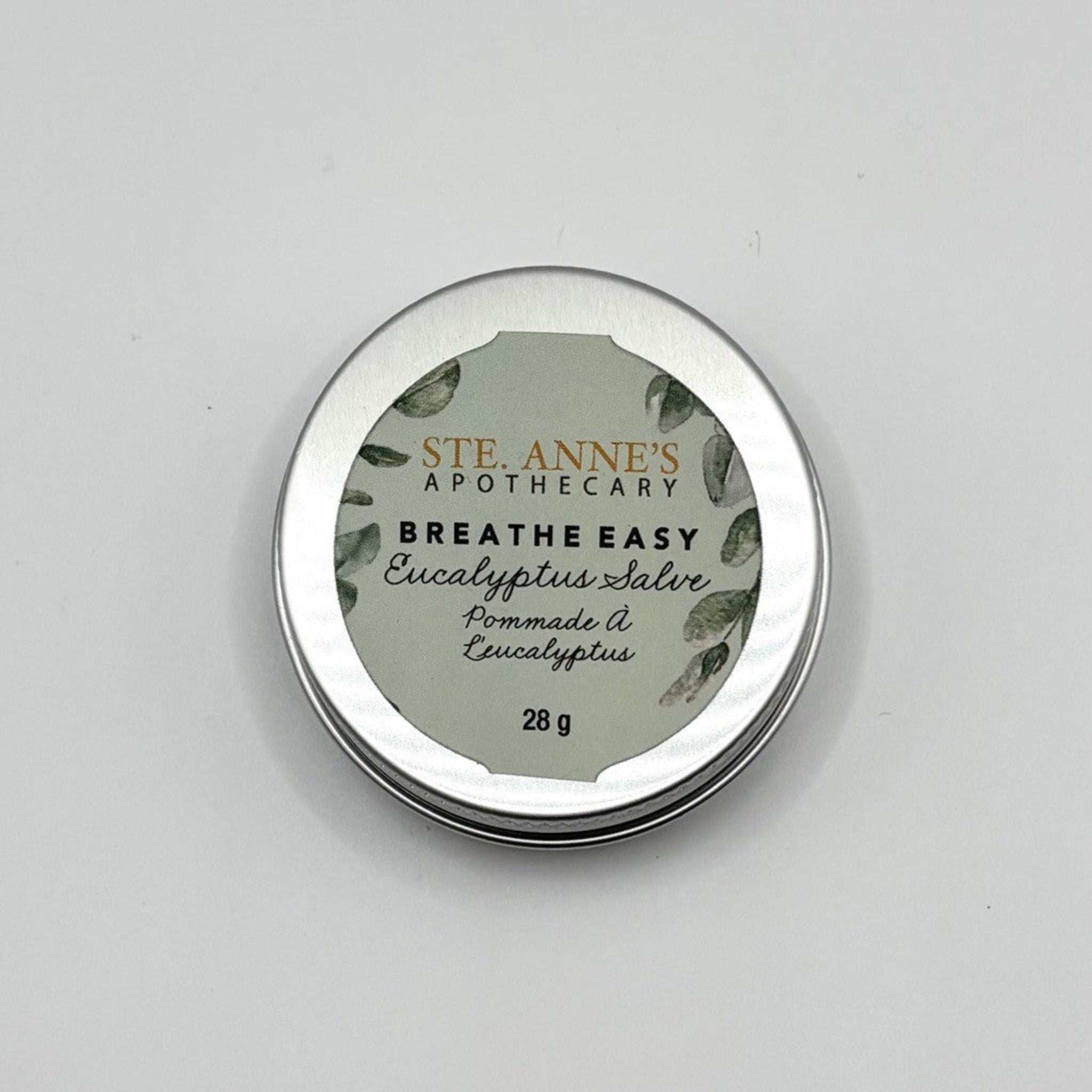 Ste Anne's Breathe Easy Eucalyptus Salve in silver tim with green label. 28 grams. 