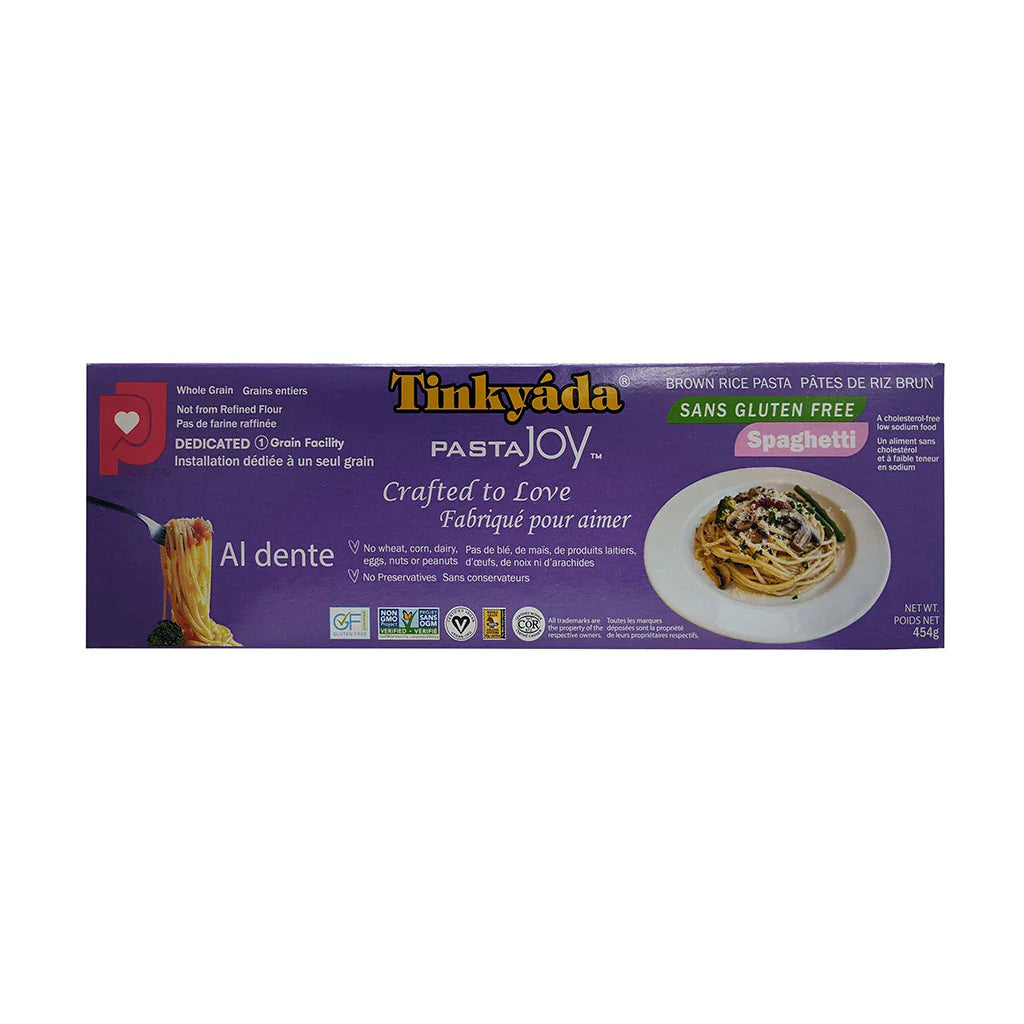 Tinkyada Gluten Free Spaghetti, purple box, 454 grams.