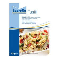 500 gram blue and white box of Loprofin Fusilli