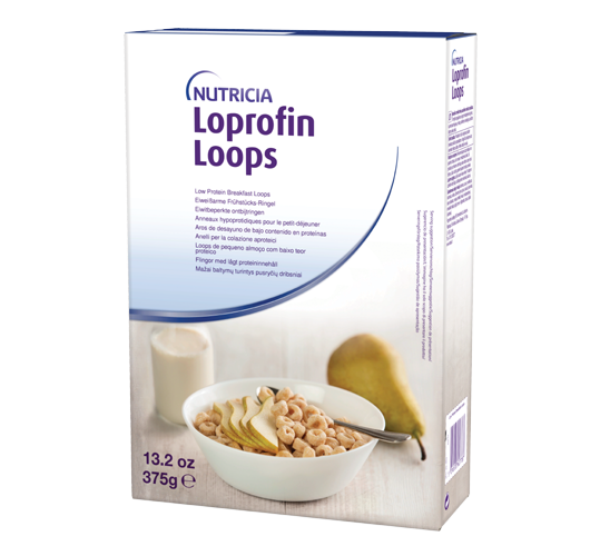 375 gram blue white and brown box of Loprofin Breakfast Cereal Loops