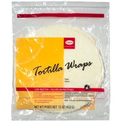 432 gram yellow and red package of Cambrooke Tortilla Wraps Plain. 