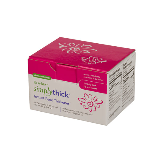 SimplyThick box of 80 packets, 6 grams each, of nectar consistency, pink box.