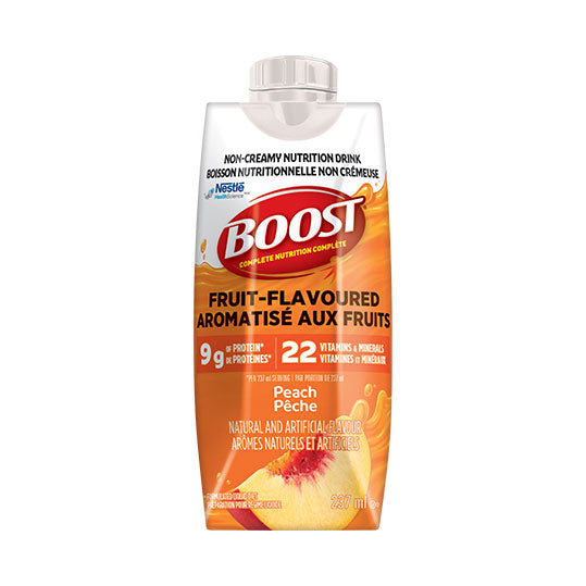 237 mL orange and red tetra pack carton of Boost Fruit Flavoured Beverage Peach