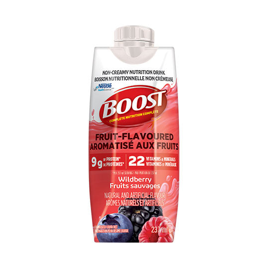 237 mL red and blue tetra pack carton of Boost Fruit Flavoured Beverage Wild Berry
