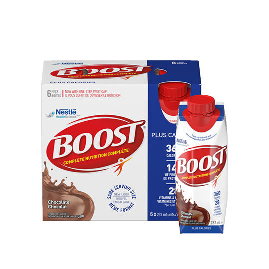 Boost Plus Chocolate, 237mL per bottle, with resealable cap, blue packagaing.