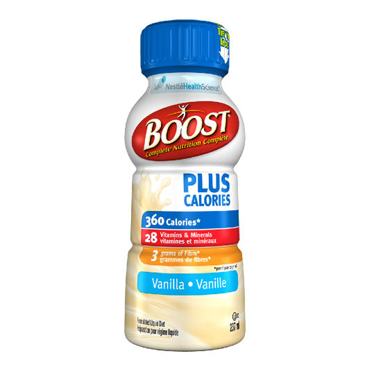 Boost Plus Calories Vanilla, 237mL bottles, with resealable cap, blue packaging.