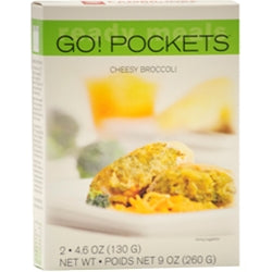 260 gram green and yellow box of Cambrooke Go! Pockets Cheesy Broccoli