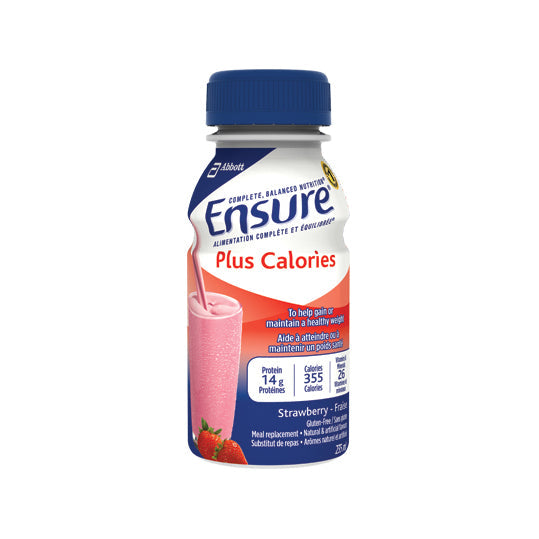 Ensure Plus Calories Strawberry, 235mL per bottle, resealable cap, red packaging.