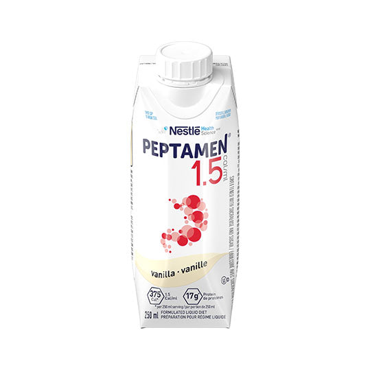 250 mL white and red tetra pack carton of Peptamen 1.5 Vanilla