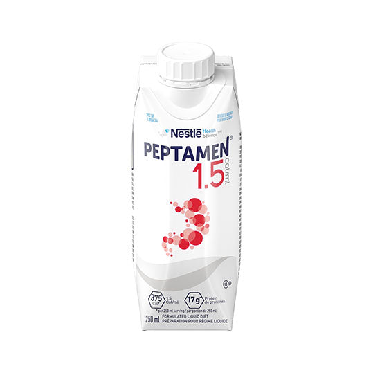 250 mL white and red tetra pack carton of Peptamen 1.5