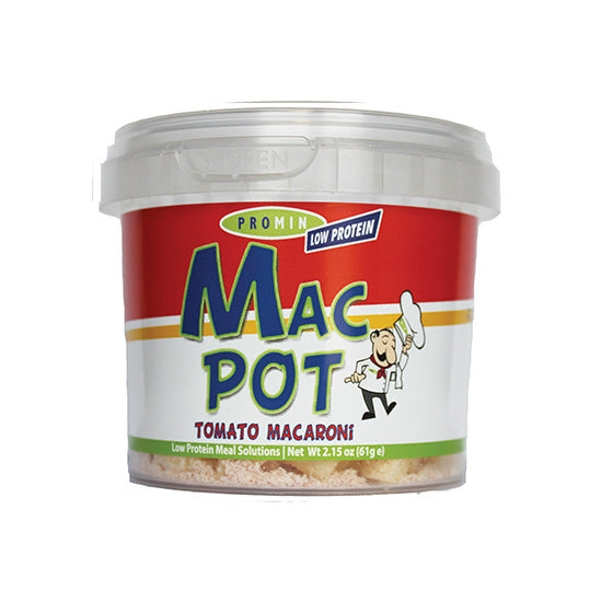 61 gram red blue and green container of Promin MacPot - Tomato Macaroni