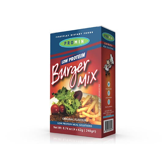 248 gram red and blue box of Promin Original Burger Mix