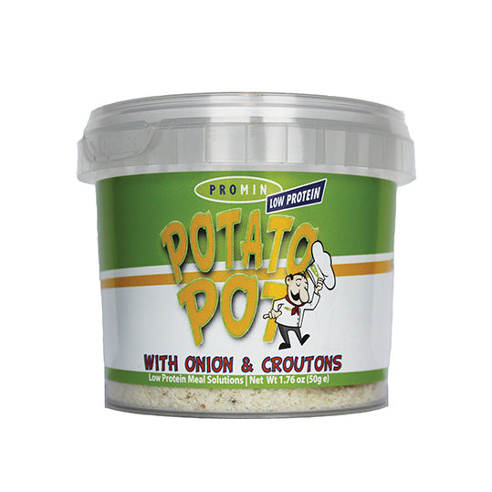 61 gram green yellow and white container of Promin Potato Pot - Onion & Croutons