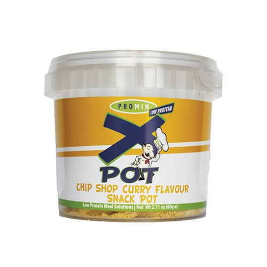 60 gram yellow green and blue container of Promin Xpot - Chip Shop Curry