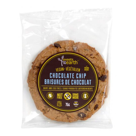 70 gram brown and blue package of Sweets from the Earth Chocolate Chip Cookie (Single)