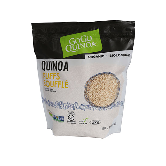 180 gram white and black bag of GOGO Quinoa Puffs