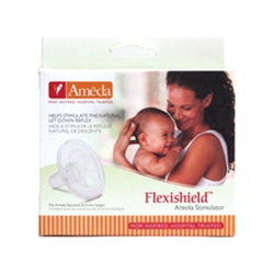 Ameda Flexishield box, white, green, and red packaging, orange Ameda logo.