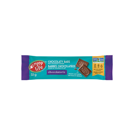 32 gram blue and purple packet of Enjoy Life Foods Chocolaty Bars Milk Chocolate Flavour