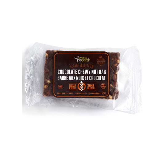 75 gram brown and orange single packet of Sweets from the Earth Chocolate Chewy Nut Bar