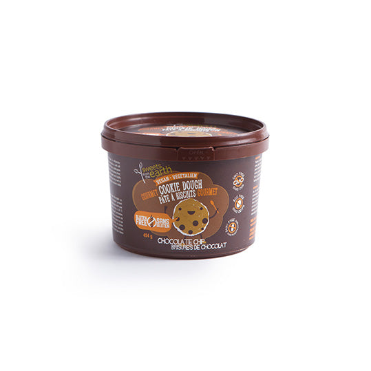 454 gram brown and orange container of Sweets from the Earth Cookie Dough Double Chocolate