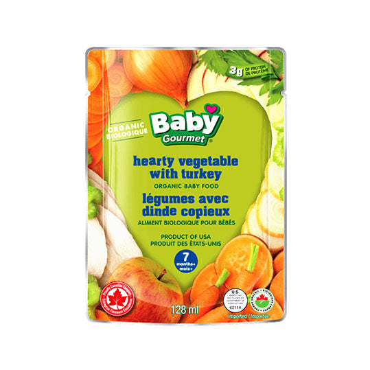 Baby Gourmet organic baby food, hearty vegetable with turkey, green packaging with fruit and vegetables pictured, tear pouch, 128mL.