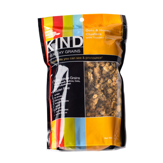 312 gram light orange and black bag of KIND Clusters - Oat and Honey w/Toasted Coconut