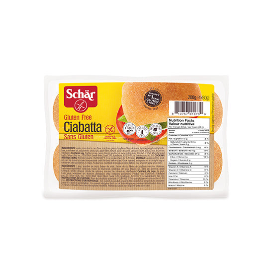 200 gram yellow package of Schar White Ciabatta Rolls