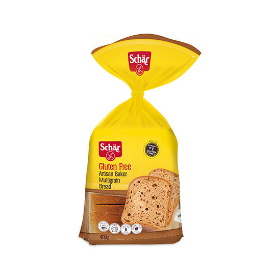 400 gram yellow and brown bag of Schar Artisan Baker Multigrain Bread