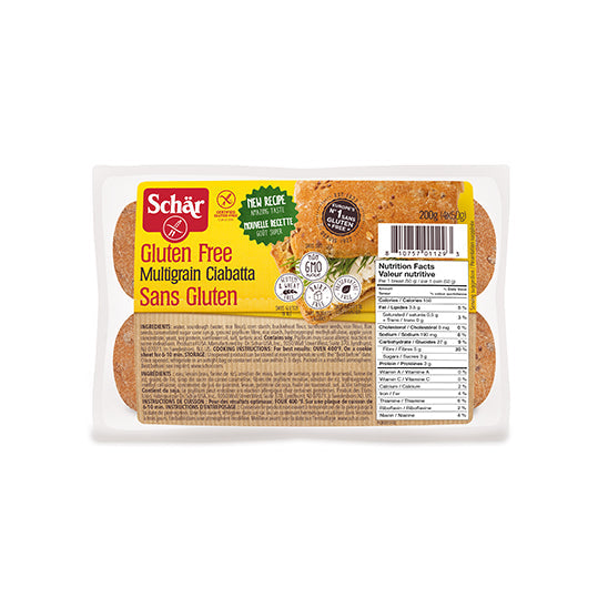 200 gram yellow package of Schar Multigrain Ciabatta Rolls