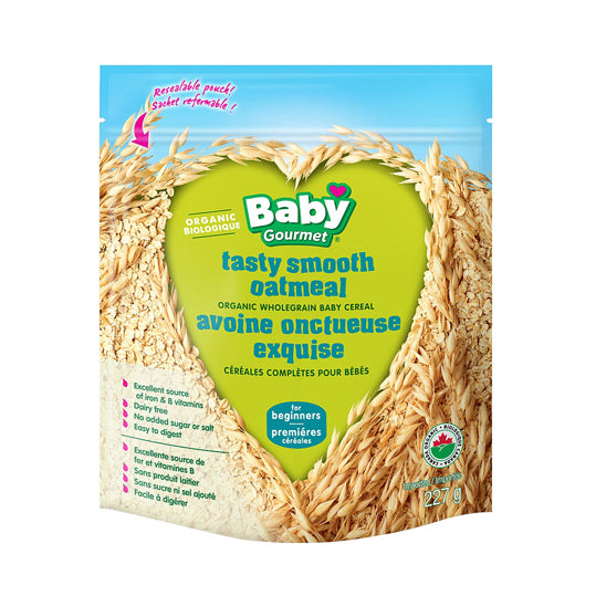 Baby Gourmet organic baby cereal, tasty smooth oatmeal, green packaging with grains pictured, resealable pouch, 227g.