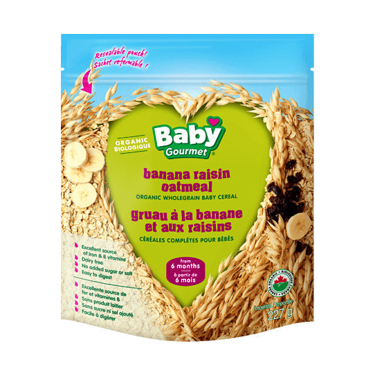 Baby gourmet organic cereal, banana rasin oatmeal, green and blue packaging with grains pictured, resealable pouch,  227g.