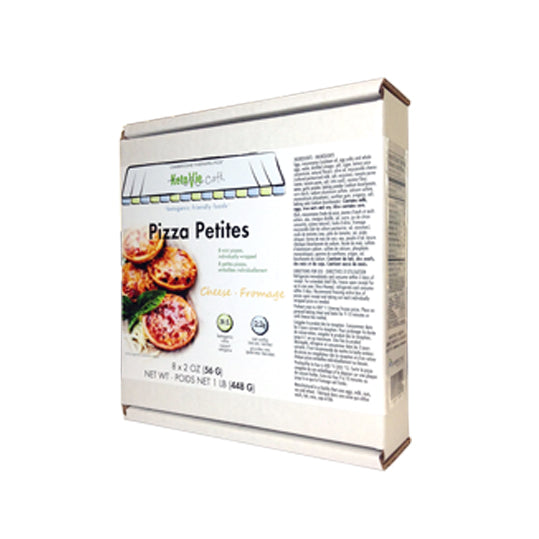 KetoVie cafe, pizza petities, 8 pizzas per package, 448g per package, white box.