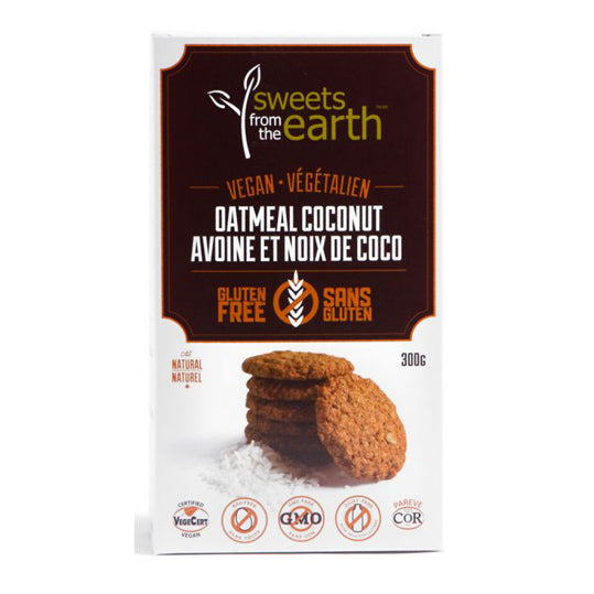 300 gram brown and white box of Sweets from the Earth Cookie Box Oatmeal Coconut