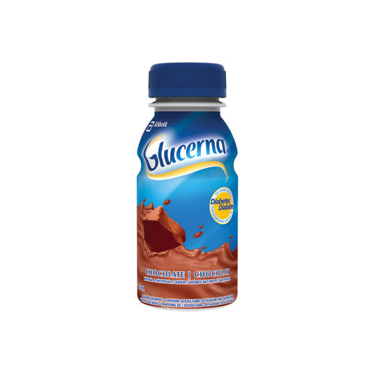 Blue 237ml bottle of Chocolate Glucerna with 4.1 grams of dietary fibre