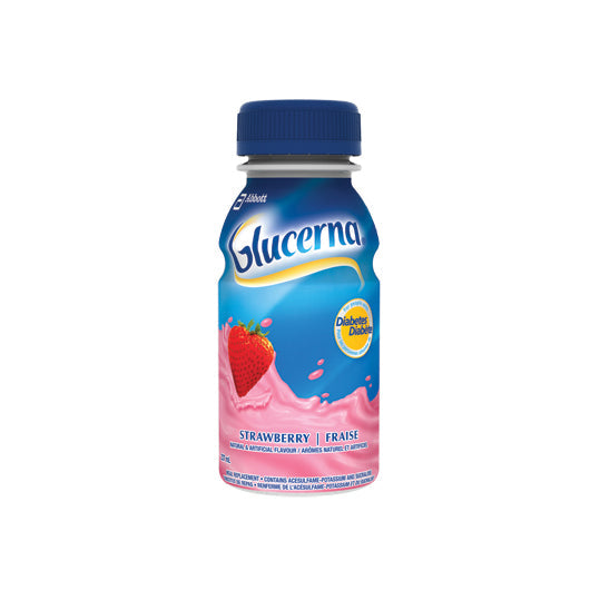 Blue & pink 237ml bottle of Strawberry Glucerna with 4.1 grams of dietary fibre