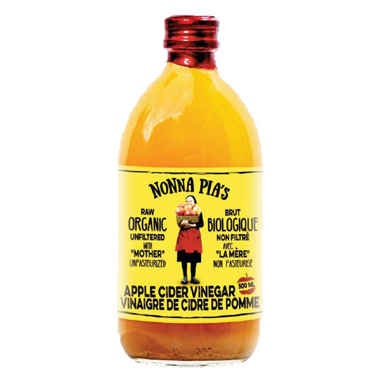 500 mL yellow and red bottle of Nonna Pia's Organic Apple Cider Vinegar