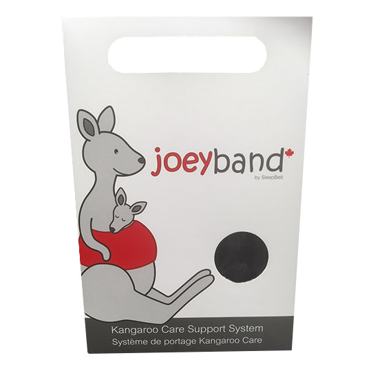 Joeyband company logo on white packaging with handle, kangaroo and joey pictured.